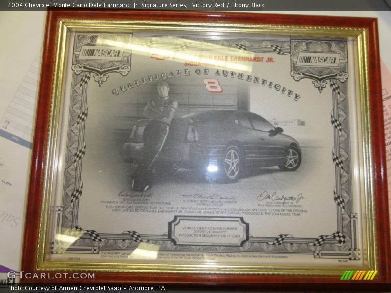 Info Tag of 2004 Monte Carlo Dale Earnhardt Jr. Signature Series