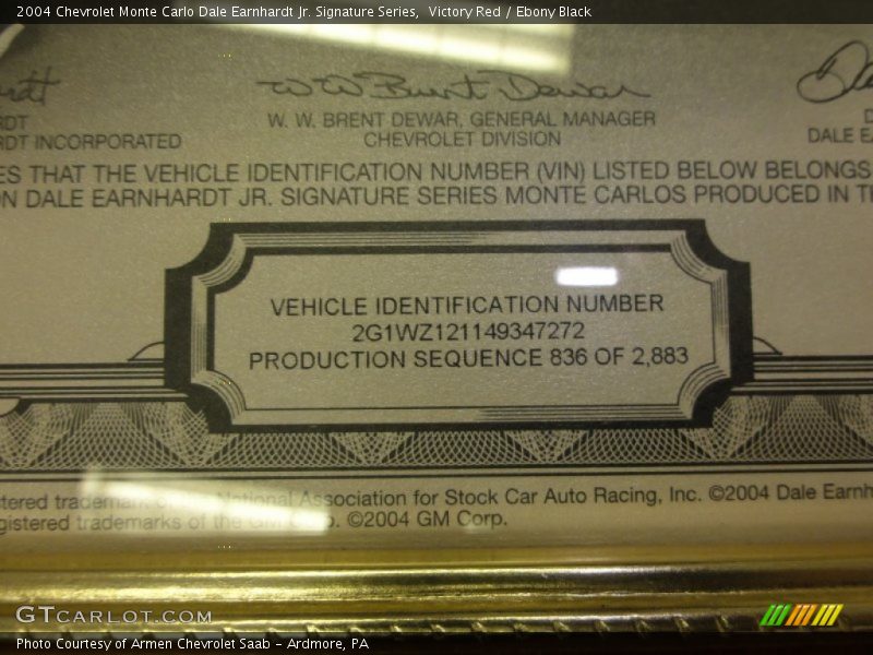 Info Tag of 2004 Monte Carlo Dale Earnhardt Jr. Signature Series