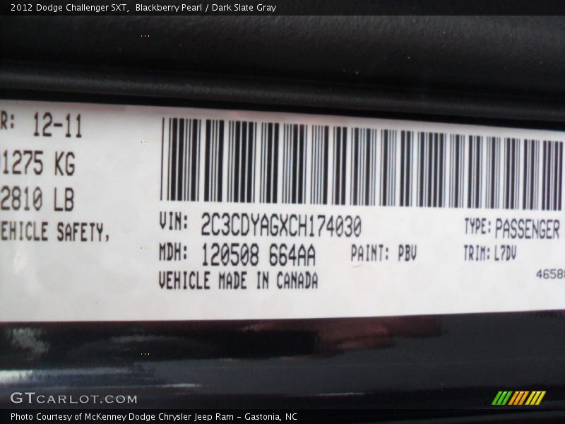 2012 Challenger SXT Blackberry Pearl Color Code PBV