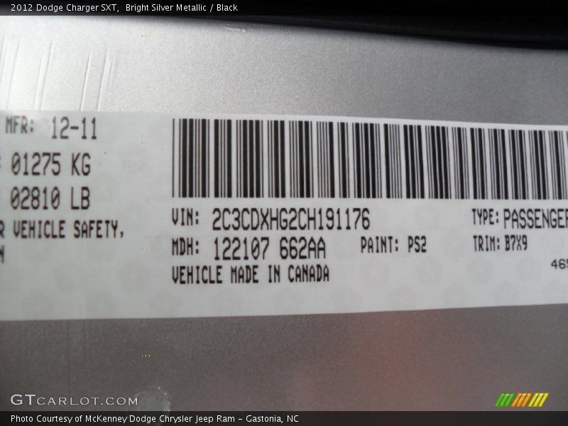 2012 Charger SXT Bright Silver Metallic Color Code PS2