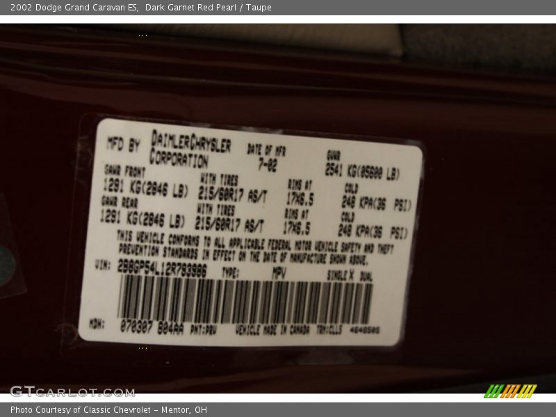 2002 Grand Caravan ES Dark Garnet Red Pearl Color Code PRV