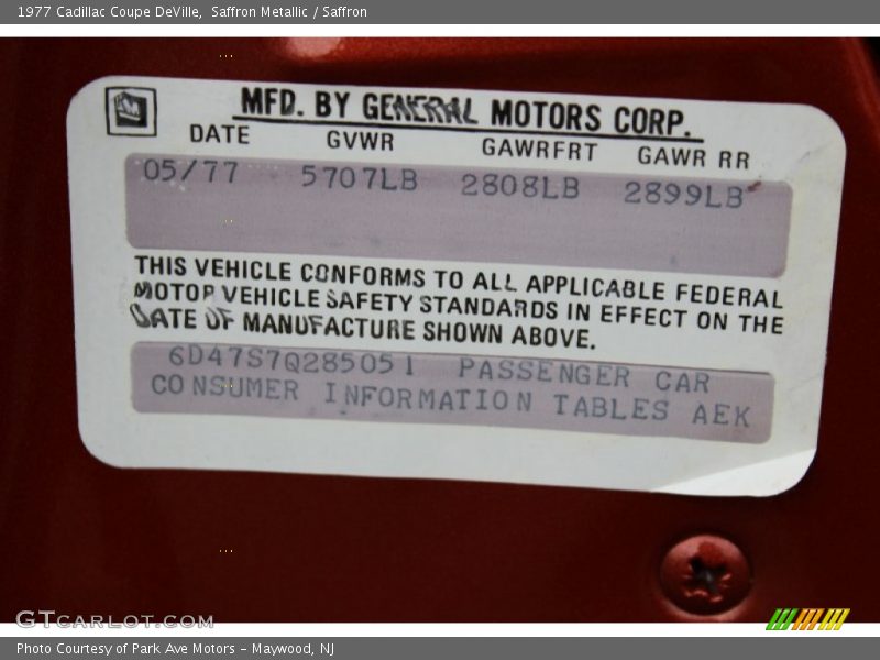 Info Tag of 1977 Coupe DeVille 