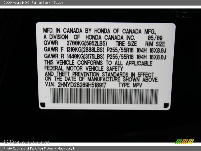 Formal Black / Taupe 2009 Acura MDX