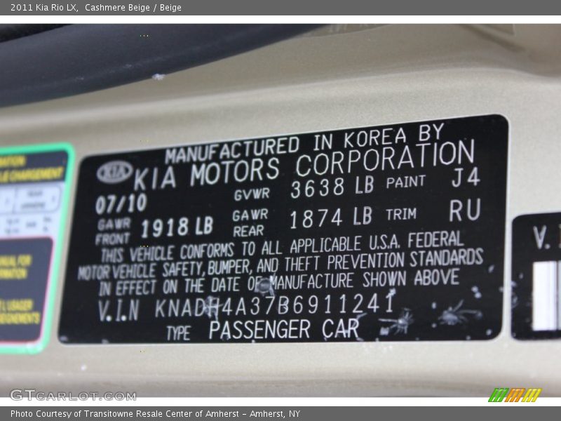 Cashmere Beige / Beige 2011 Kia Rio LX