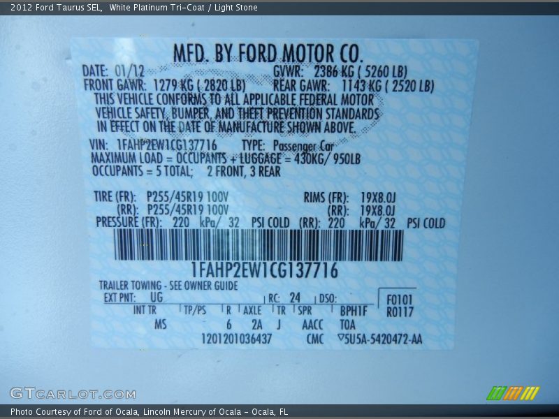 White Platinum Tri-Coat / Light Stone 2012 Ford Taurus SEL
