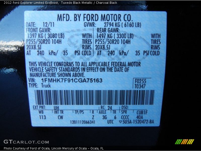 2012 Explorer Limited EcoBoost Tuxedo Black Metallic Color Code UH