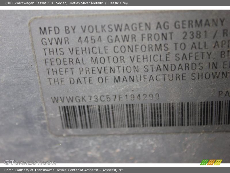 Reflex Silver Metallic / Classic Grey 2007 Volkswagen Passat 2.0T Sedan