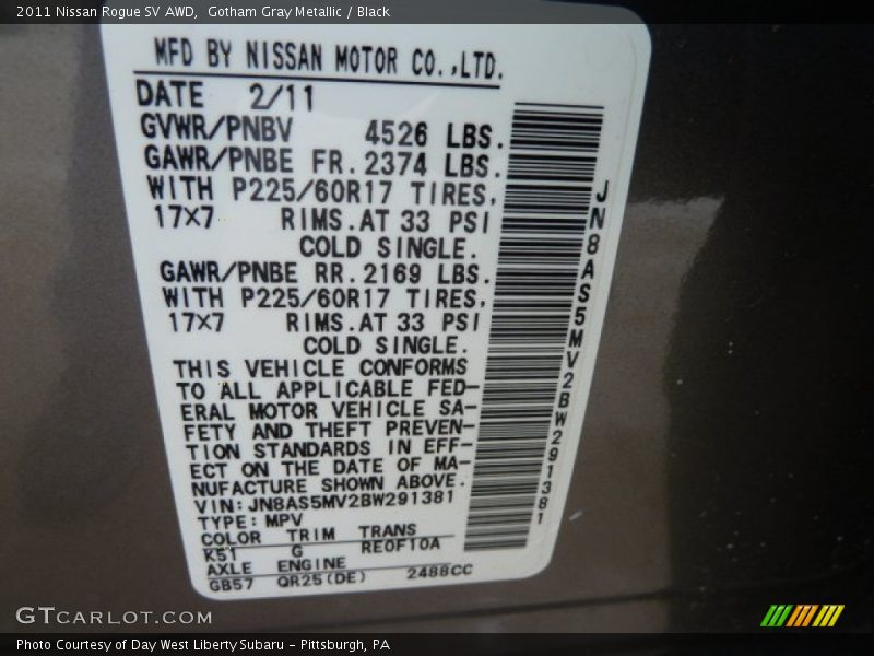 Gotham Gray Metallic / Black 2011 Nissan Rogue SV AWD