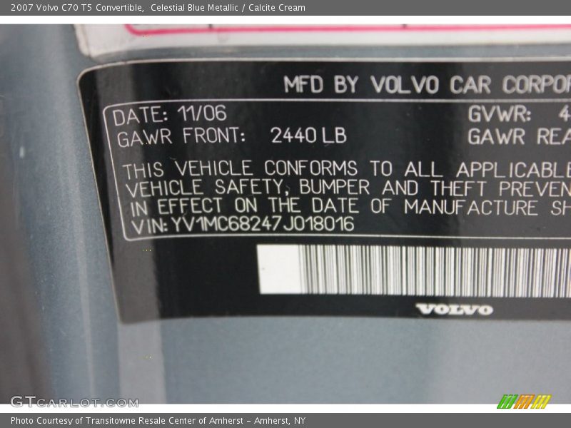 Celestial Blue Metallic / Calcite Cream 2007 Volvo C70 T5 Convertible
