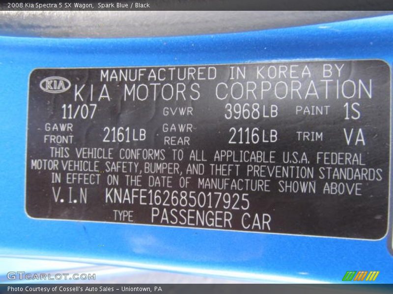 2008 Spectra 5 SX Wagon Spark Blue Color Code 1S