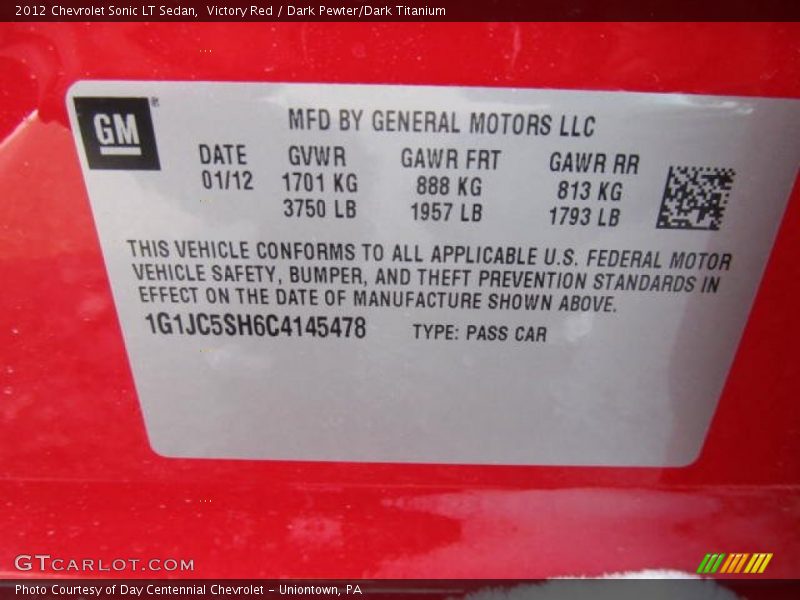 Victory Red / Dark Pewter/Dark Titanium 2012 Chevrolet Sonic LT Sedan