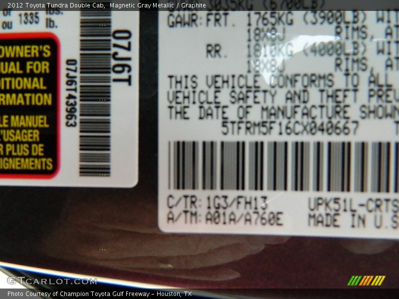 Magnetic Gray Metallic / Graphite 2012 Toyota Tundra Double Cab