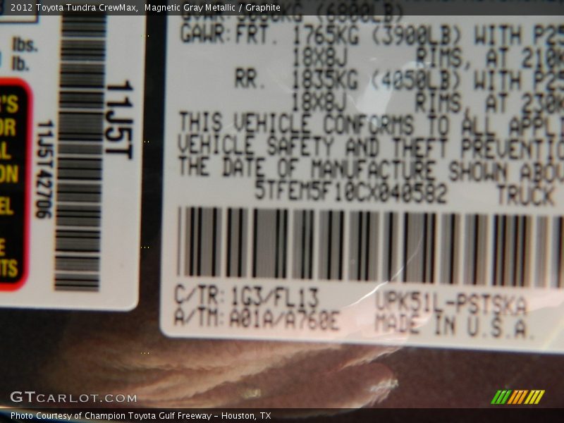 Magnetic Gray Metallic / Graphite 2012 Toyota Tundra CrewMax