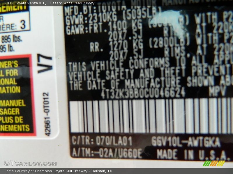 Blizzard White Pearl / Ivory 2012 Toyota Venza XLE