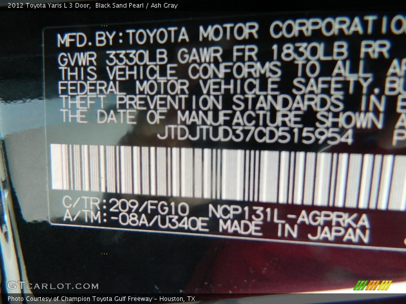 2012 Yaris L 3 Door Black Sand Pearl Color Code 209