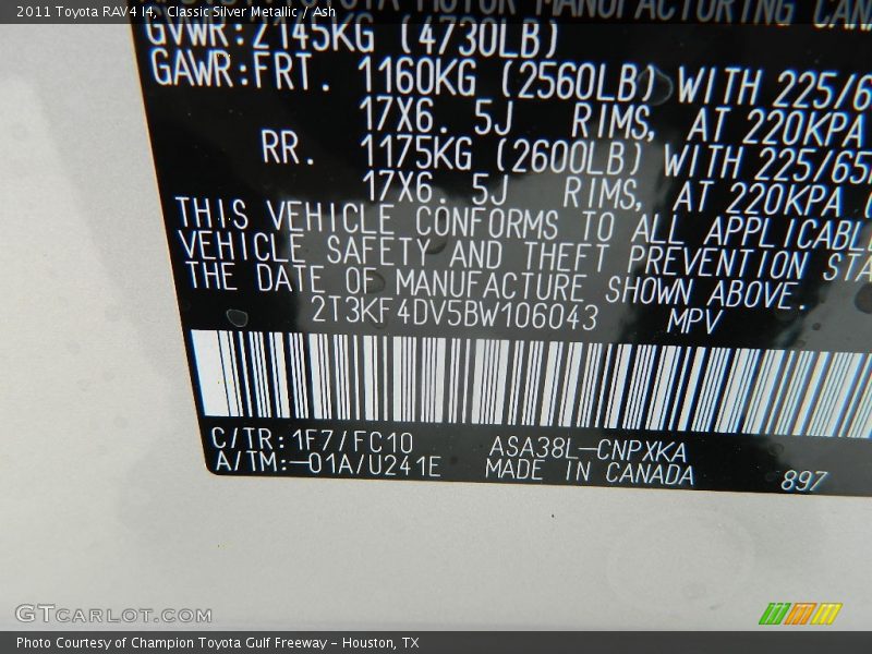 2011 RAV4 I4 Classic Silver Metallic Color Code 1F7