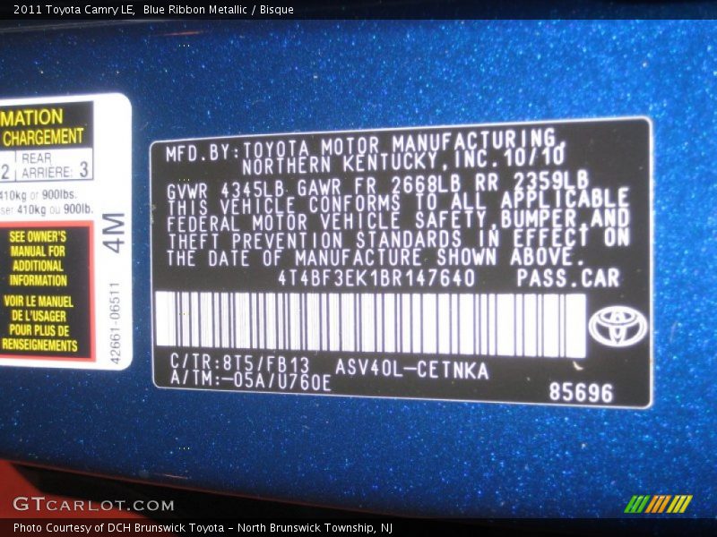 Blue Ribbon Metallic / Bisque 2011 Toyota Camry LE
