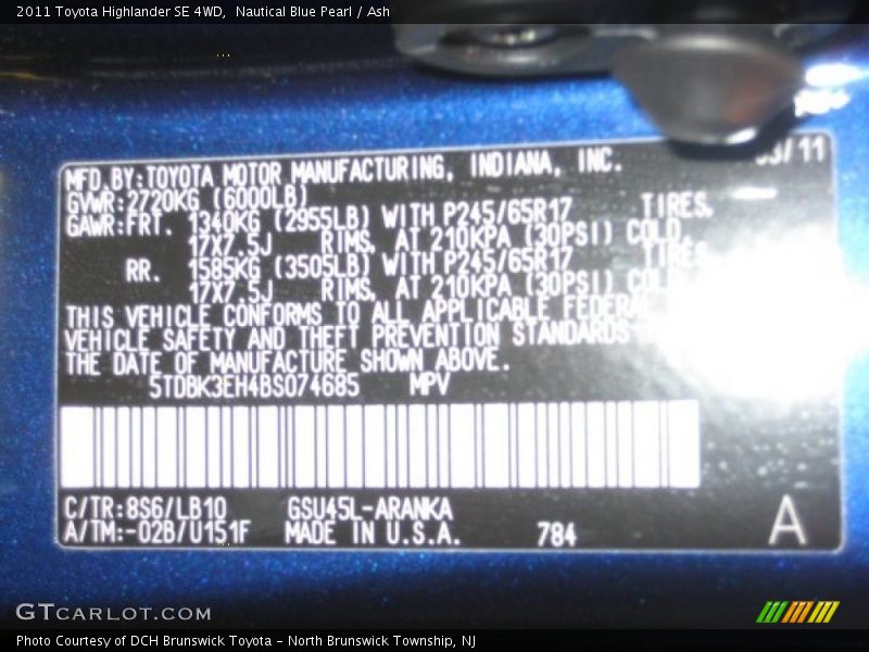 Nautical Blue Pearl / Ash 2011 Toyota Highlander SE 4WD