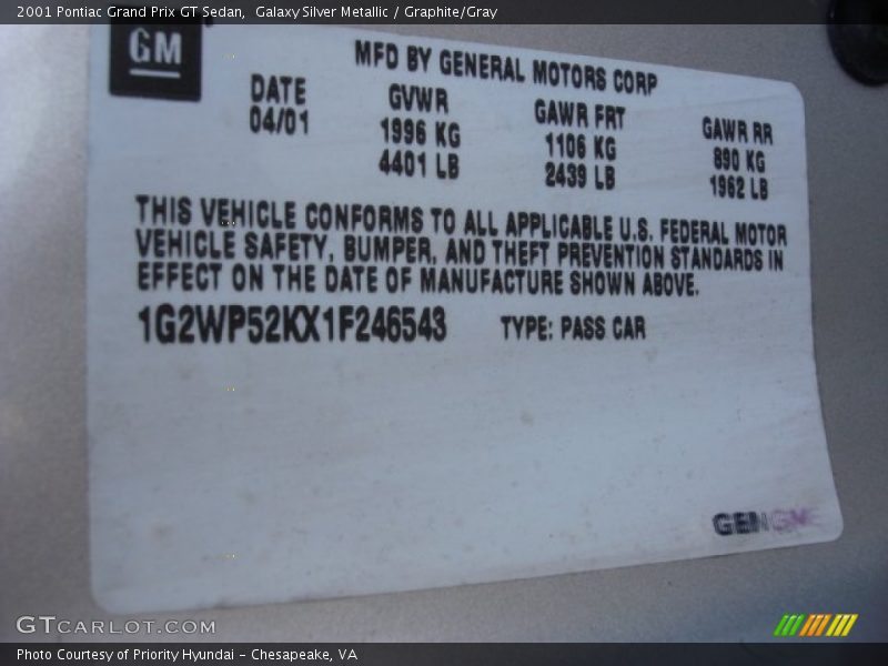 Galaxy Silver Metallic / Graphite/Gray 2001 Pontiac Grand Prix GT Sedan