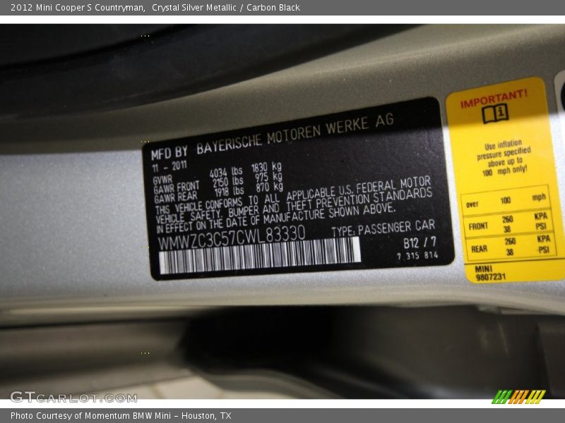 Crystal Silver Metallic / Carbon Black 2012 Mini Cooper S Countryman