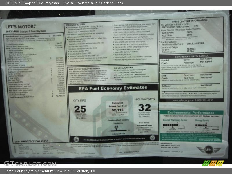 Crystal Silver Metallic / Carbon Black 2012 Mini Cooper S Countryman