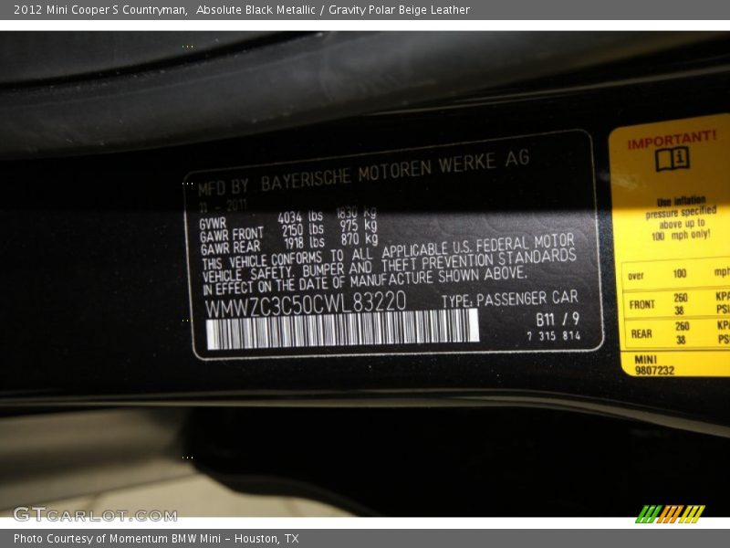 Absolute Black Metallic / Gravity Polar Beige Leather 2012 Mini Cooper S Countryman