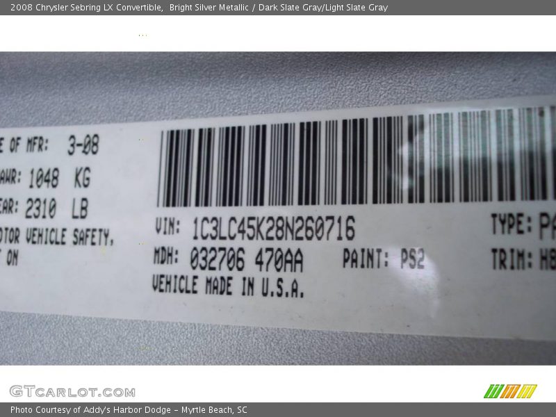 Bright Silver Metallic / Dark Slate Gray/Light Slate Gray 2008 Chrysler Sebring LX Convertible