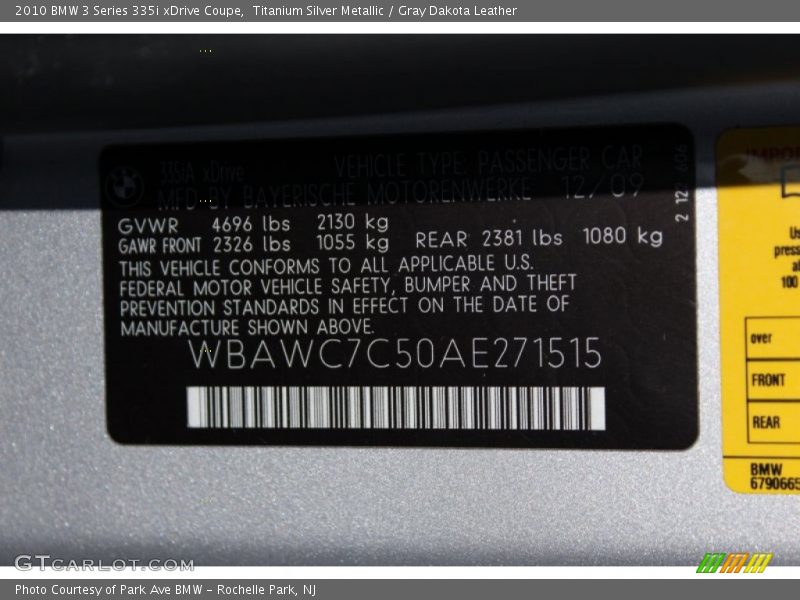 Titanium Silver Metallic / Gray Dakota Leather 2010 BMW 3 Series 335i xDrive Coupe