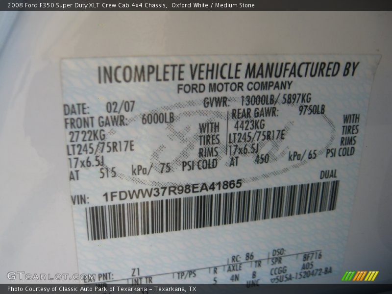 2008 F350 Super Duty XLT Crew Cab 4x4 Chassis Oxford White Color Code Z1