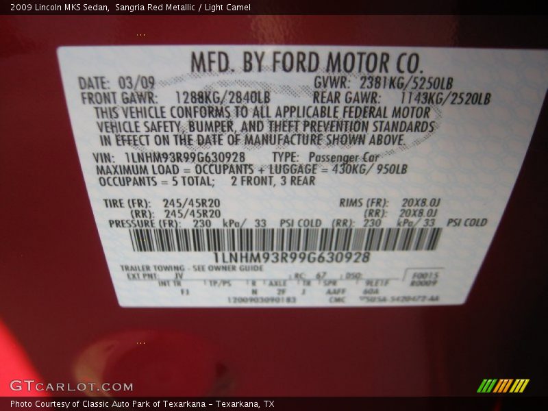 Sangria Red Metallic / Light Camel 2009 Lincoln MKS Sedan