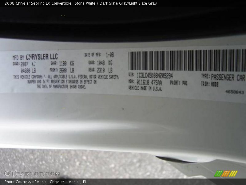 Stone White / Dark Slate Gray/Light Slate Gray 2008 Chrysler Sebring LX Convertible
