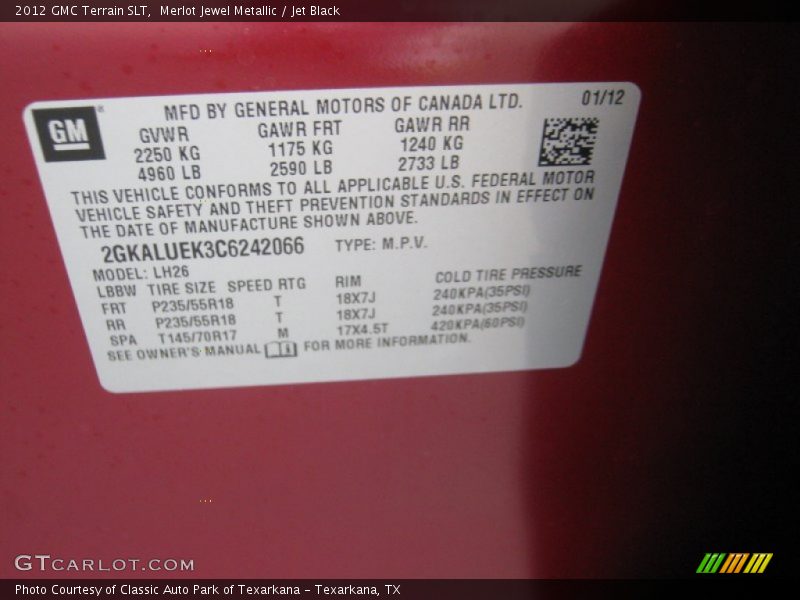 Merlot Jewel Metallic / Jet Black 2012 GMC Terrain SLT