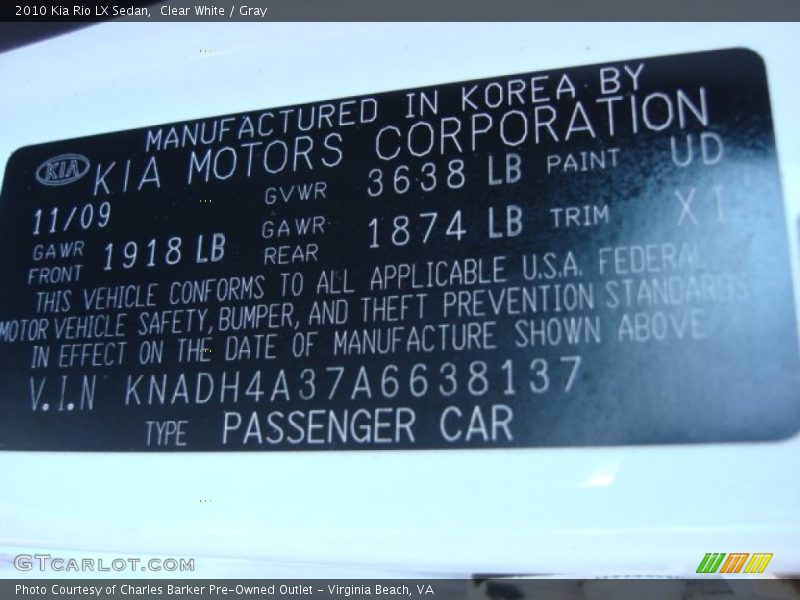 Clear White / Gray 2010 Kia Rio LX Sedan