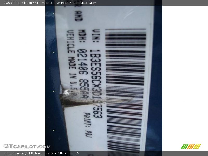 Atlantic Blue Pearl / Dark Slate Gray 2003 Dodge Neon SXT