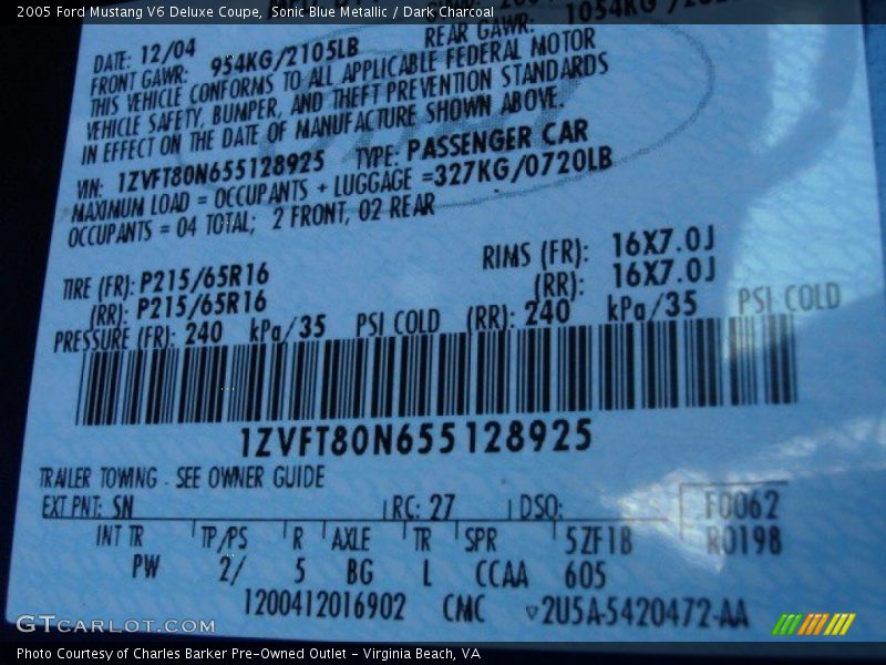 Sonic Blue Metallic / Dark Charcoal 2005 Ford Mustang V6 Deluxe Coupe