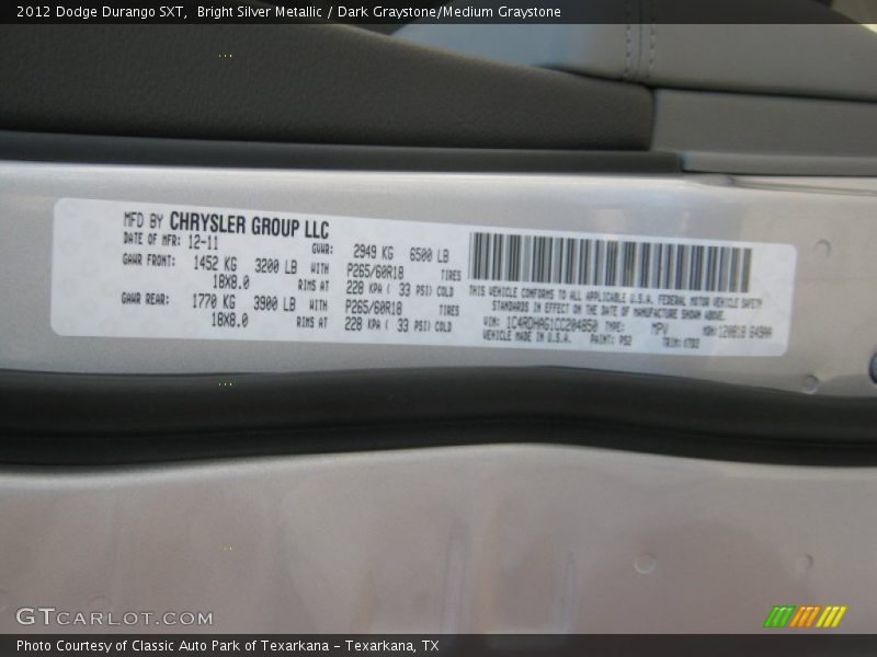 Bright Silver Metallic / Dark Graystone/Medium Graystone 2012 Dodge Durango SXT