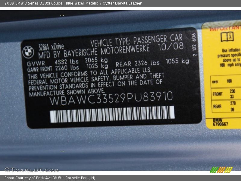 Info Tag of 2009 3 Series 328xi Coupe