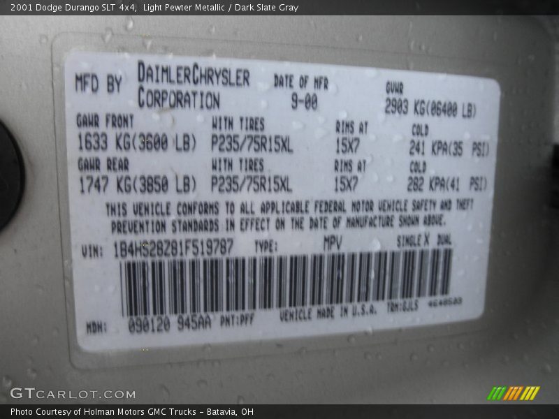 2001 Durango SLT 4x4 Light Pewter Metallic Color Code PFF