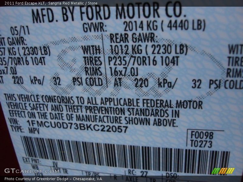 Sangria Red Metallic / Stone 2011 Ford Escape XLT