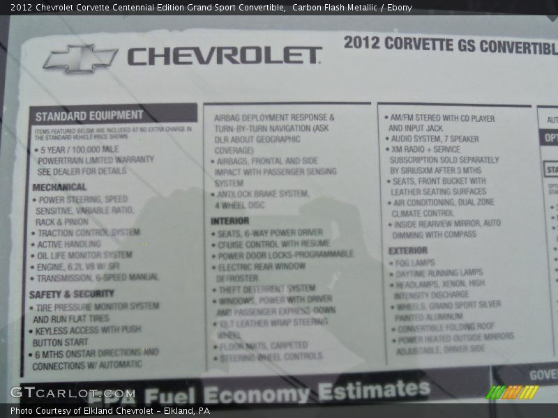  2012 Corvette Centennial Edition Grand Sport Convertible Window Sticker