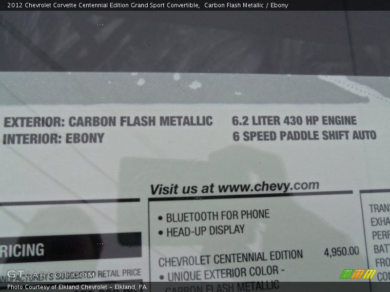  2012 Corvette Centennial Edition Grand Sport Convertible Window Sticker