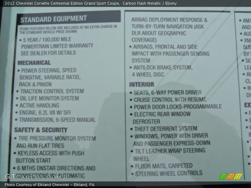  2012 Corvette Centennial Edition Grand Sport Coupe Window Sticker