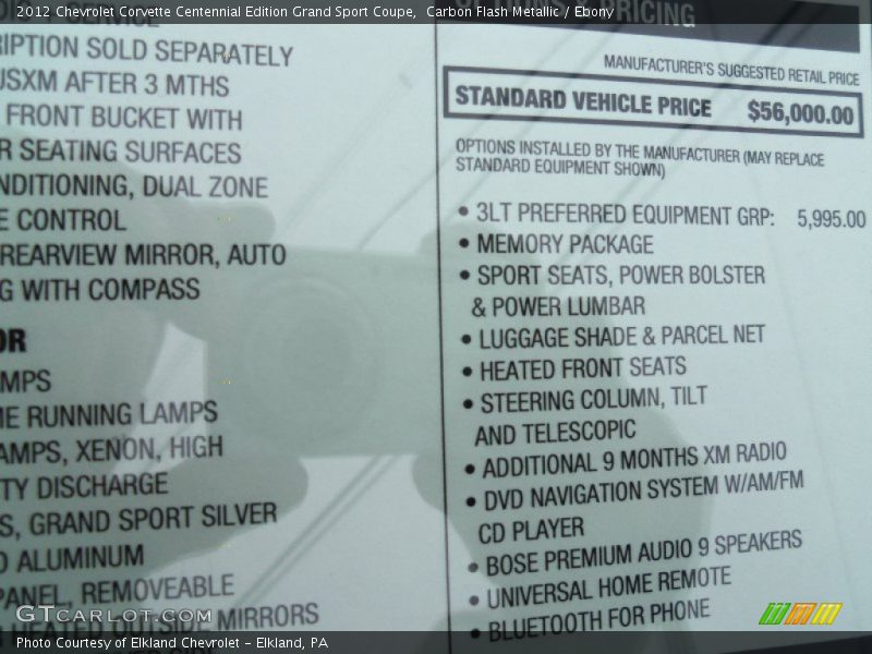  2012 Corvette Centennial Edition Grand Sport Coupe Window Sticker