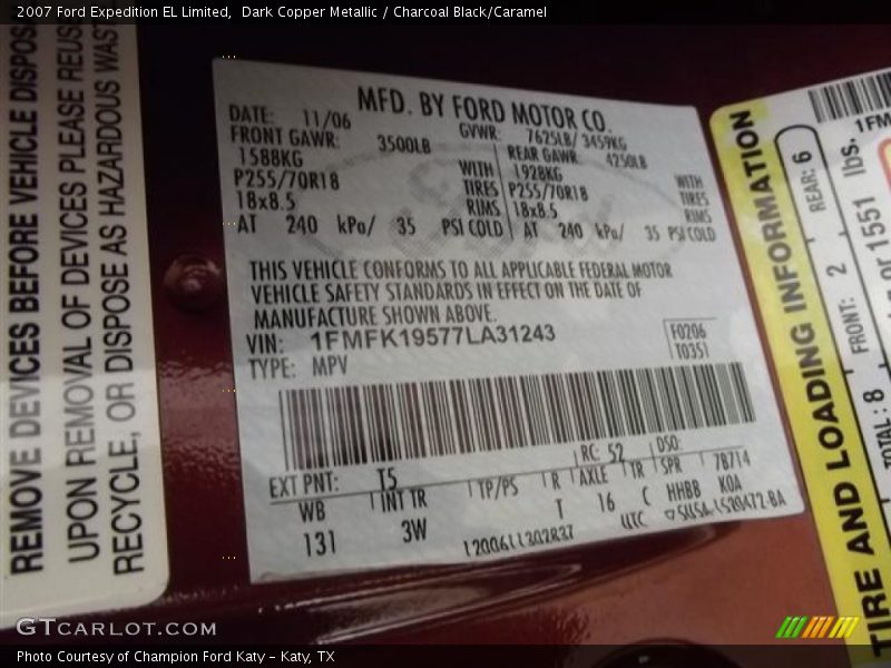 2007 Expedition EL Limited Dark Copper Metallic Color Code T5