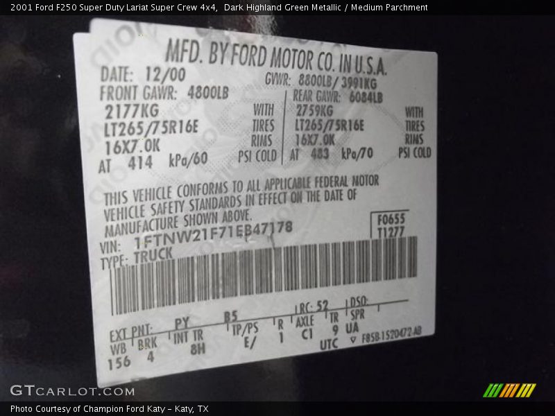 2001 F250 Super Duty Lariat Super Crew 4x4 Dark Highland Green Metallic Color Code PY