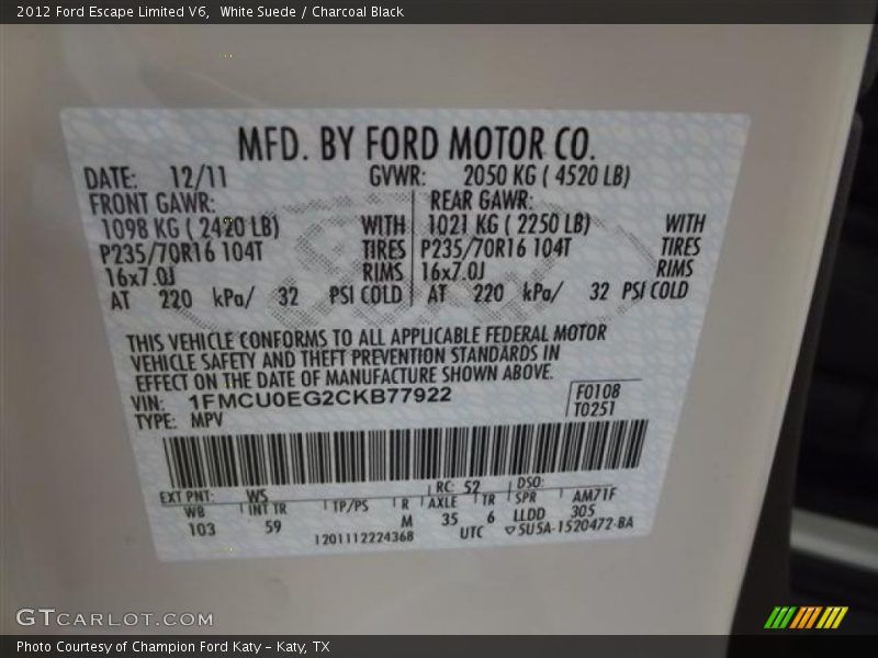 White Suede / Charcoal Black 2012 Ford Escape Limited V6