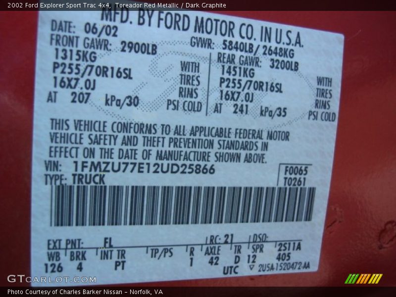 2002 Explorer Sport Trac 4x4 Toreador Red Metallic Color Code FL