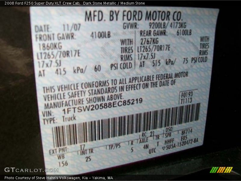 2008 F250 Super Duty XLT Crew Cab Dark Stone Metallic Color Code T7