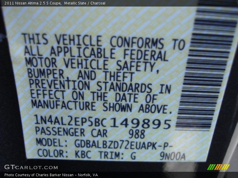 Metallic Slate / Charcoal 2011 Nissan Altima 2.5 S Coupe