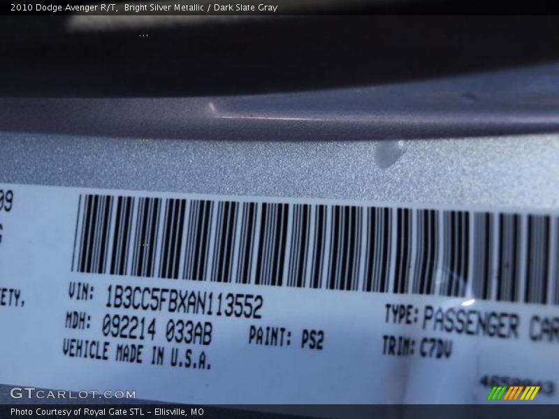 Bright Silver Metallic / Dark Slate Gray 2010 Dodge Avenger R/T